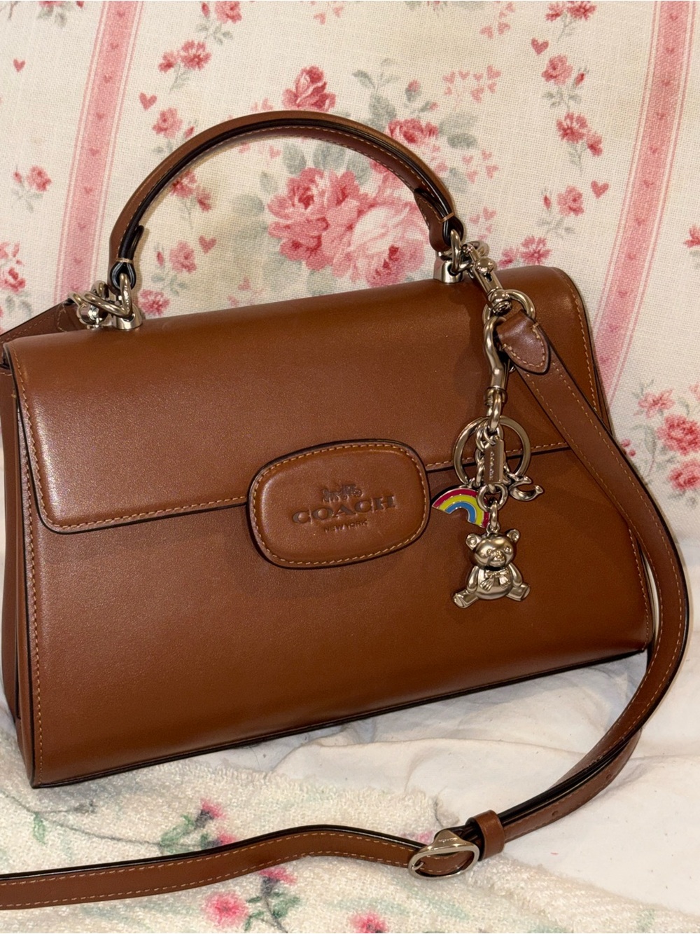 Coach Brown Leather “Eliza Top Handle Bag” and Teddy Bear Cluster Rainbow Charm